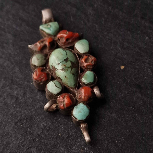 Mid Century Tibetan Jewellery Turquoise and Coral Pendant