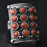 Tibetan Coral & Turquoise Stone Ring – 925 Sterling Silver with Symbol Detailing