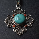 Tibetan Turquoise & Coral Flower Pendant – 925 Sterling Silver