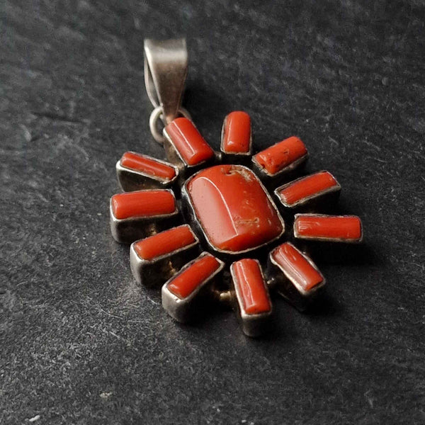 Vintage Coral Tibetan Silver Sterling 925 Pendant - Baga Ethnik Living