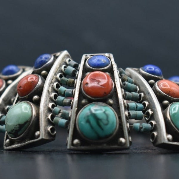 Vintage Coral Turquoise Lapis Silver Sterling Handmade Necklace Jewellery - Baga Ethnik Living
