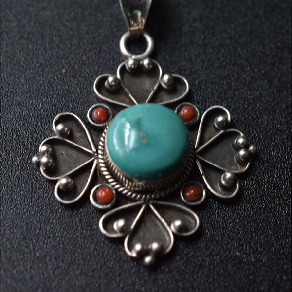 Turquoise and Coral Sterling Silver Pendant - Baga Ethnik Living