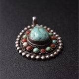 Handmade Vintage Turquoise and Coral Sterling Silver Pendant - Baga Ethnik Living