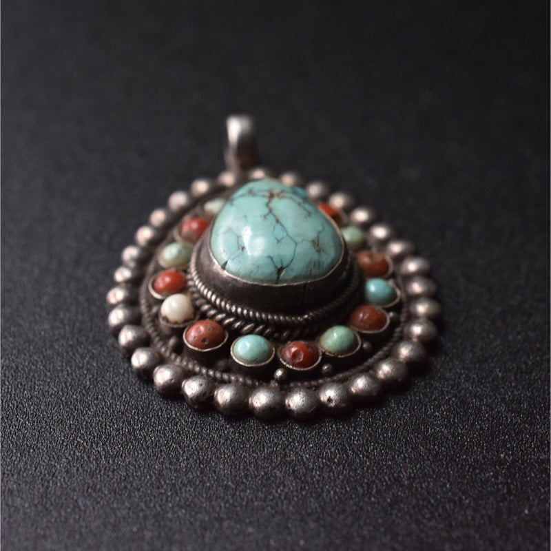 Handmade Vintage Turquoise and Coral Sterling Silver Pendant - Baga Ethnik Living