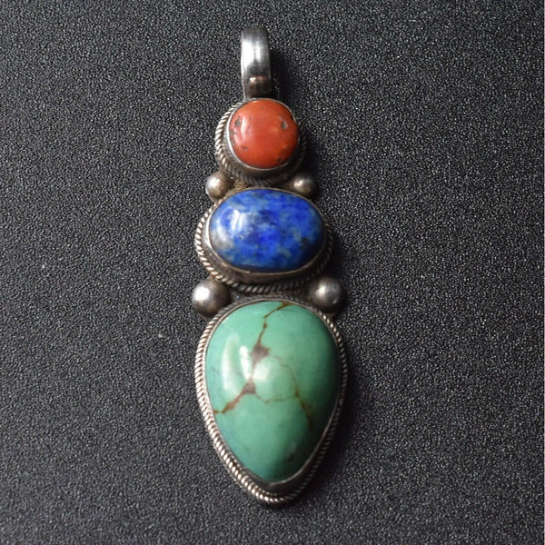 Handcrafted Jewelry Turquoise Coral and Lapis Cabochon Pendant - Baga Ethnik Living
