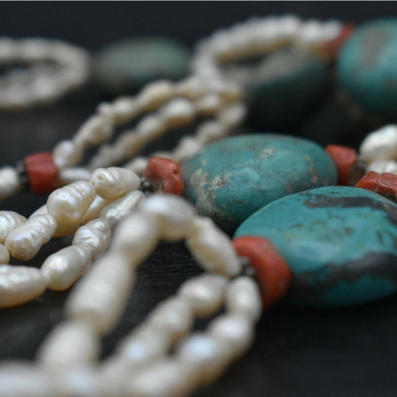 Vintage Turquoise Coral and Pearl Necklace - A Rare Piece!