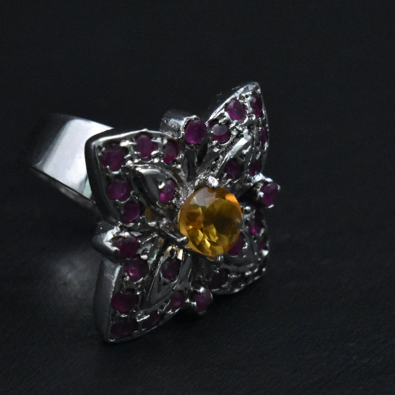 Grandeur Ruby and Citrine Sterling Silver Ring - Baga Ethnik Living