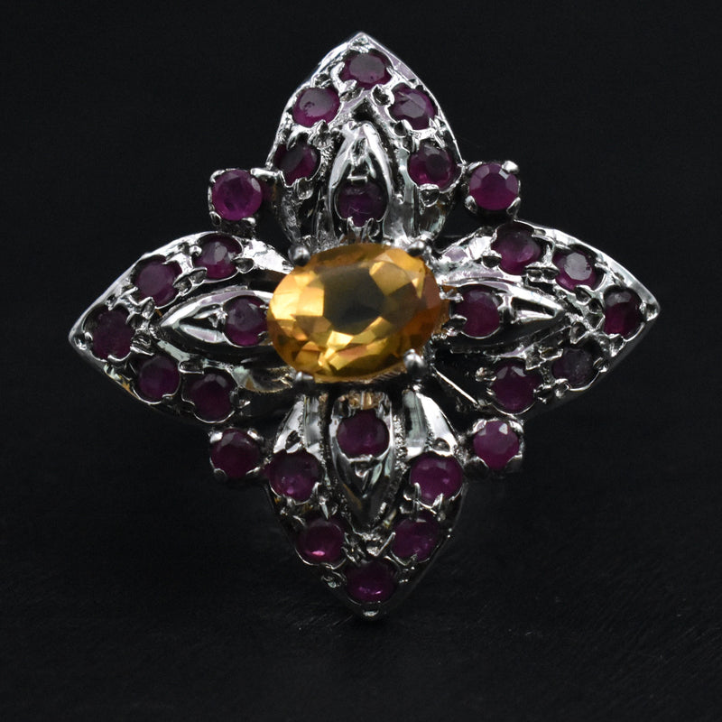 Grandeur Ruby and Citrine Sterling Silver Ring - Baga Ethnik Living