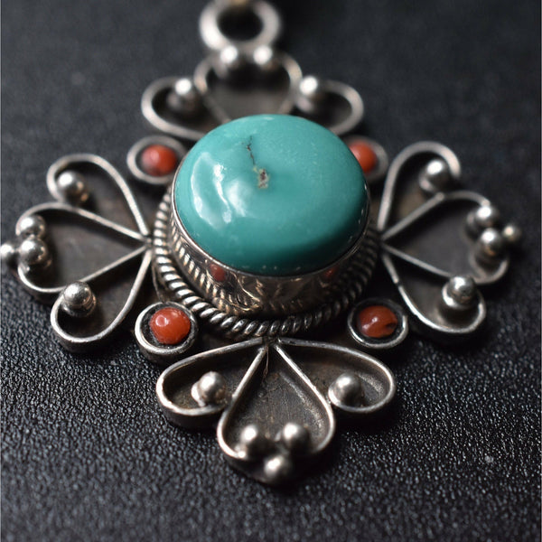 Turquoise and Coral Sterling Silver Pendant - Baga Ethnik Living