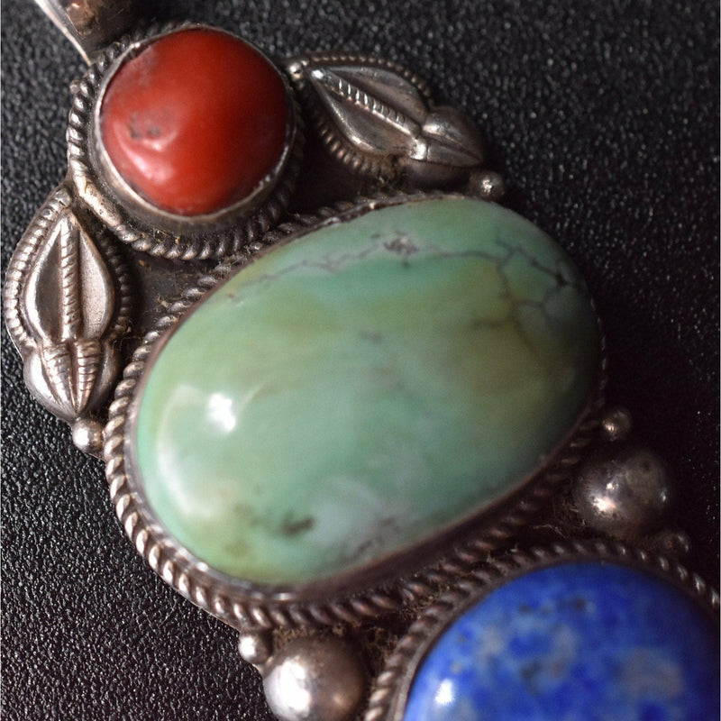 Vintage Collection Turquoise, Coral and Lapis Sterling Silver Pendant - Baga Ethnik Living