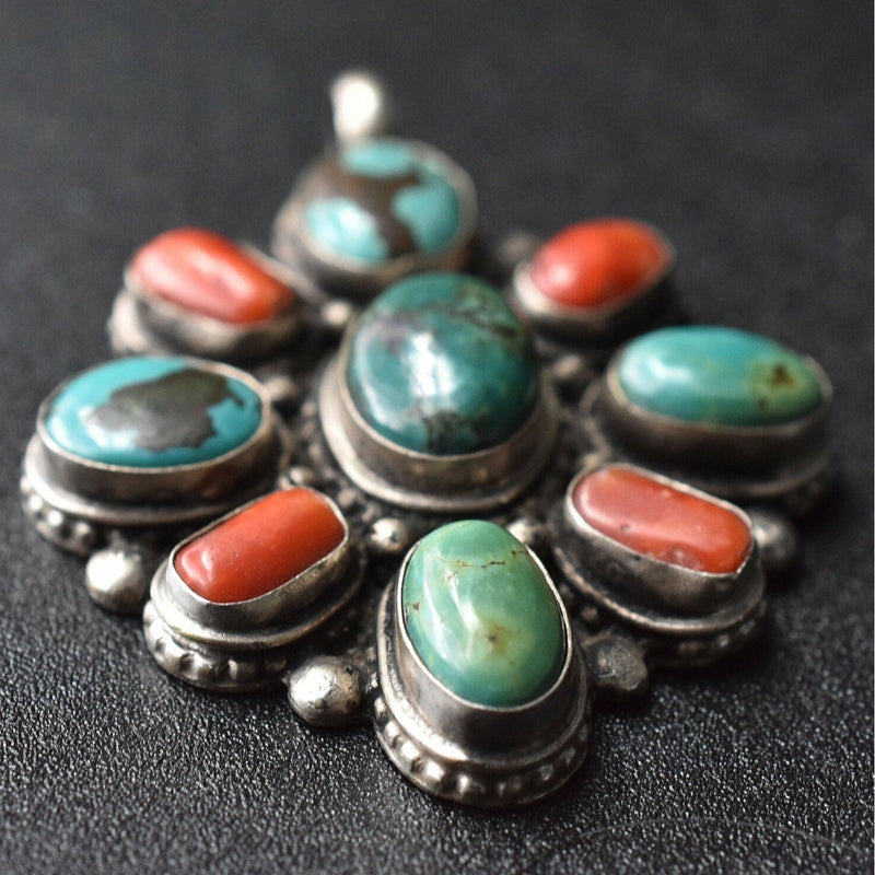 Harmonious Turquoise and Coral Sterling Silver Pendant - Baga Ethnik Living