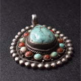 Handmade Vintage Turquoise and Coral Sterling Silver Pendant - Baga Ethnik Living