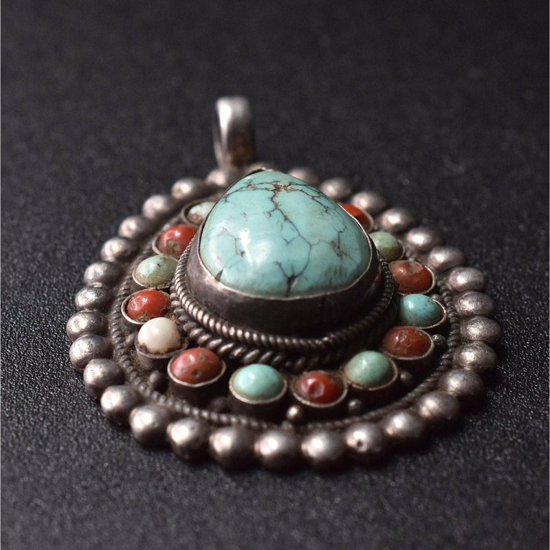 Handmade Vintage Turquoise and Coral Sterling Silver Pendant - Baga Ethnik Living