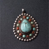 Handmade Vintage Turquoise and Coral Sterling Silver Pendant - Baga Ethnik Living