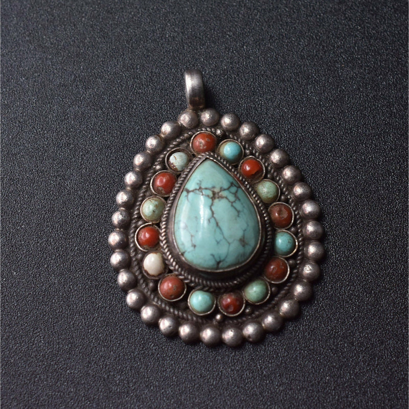 Handmade Vintage Turquoise and Coral Sterling Silver Pendant - Baga Ethnik Living