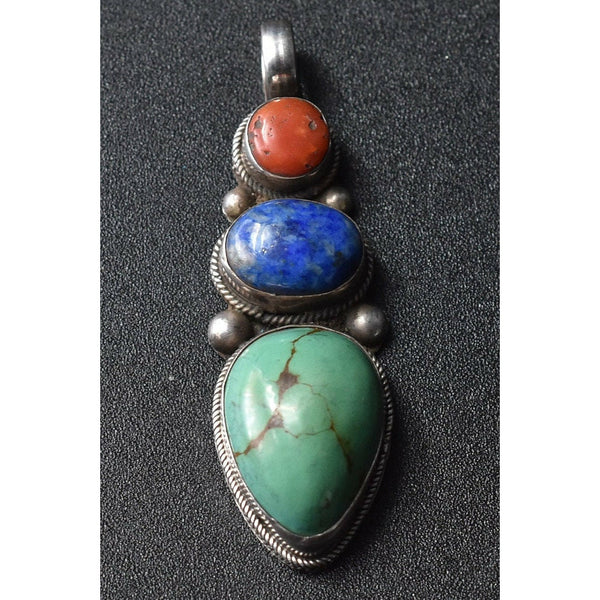 Handcrafted Jewelry Turquoise Coral and Lapis Cabochon Pendant - Baga Ethnik Living