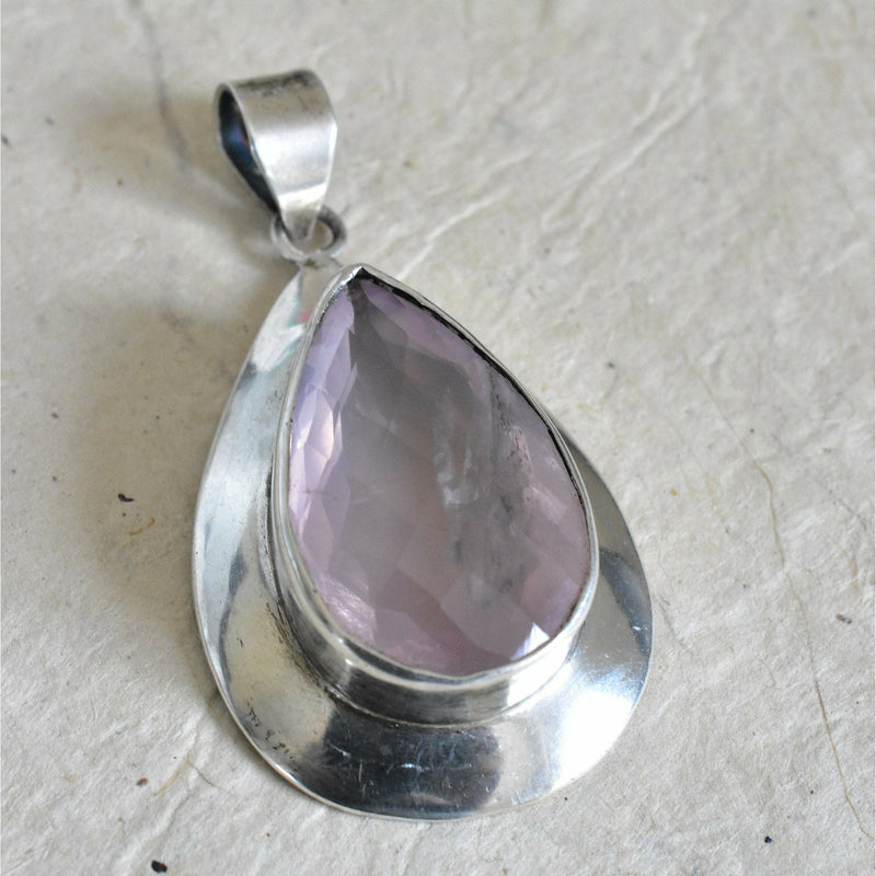 Tear Drop Faceted Rose Quartz Silver Sterling 925 Pendant - Baga Ethnik Living